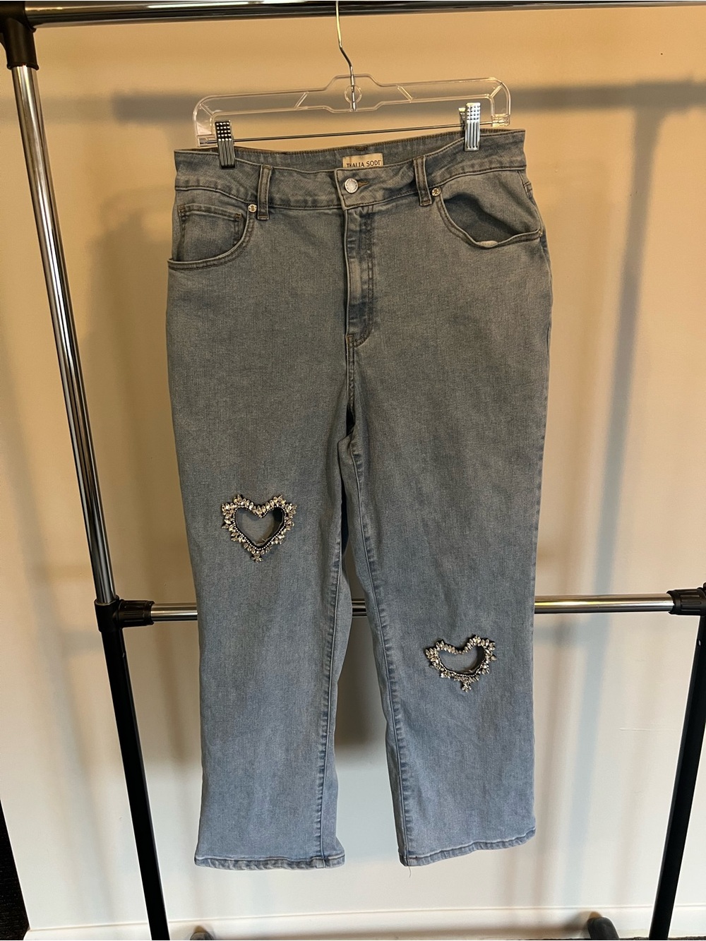 Thalia Sodi Light Blue Straight Leg Jeans with Jeweled Heart Accents